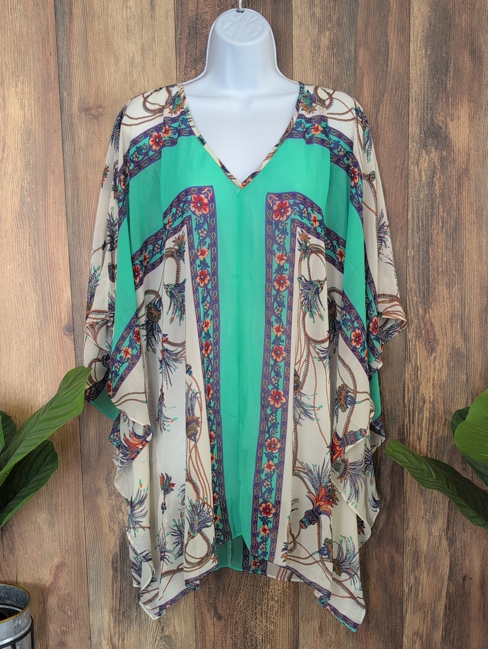 Ark & Co Teal and Cream Boho V-Neck Tunic Kimono Cover Up S      883A